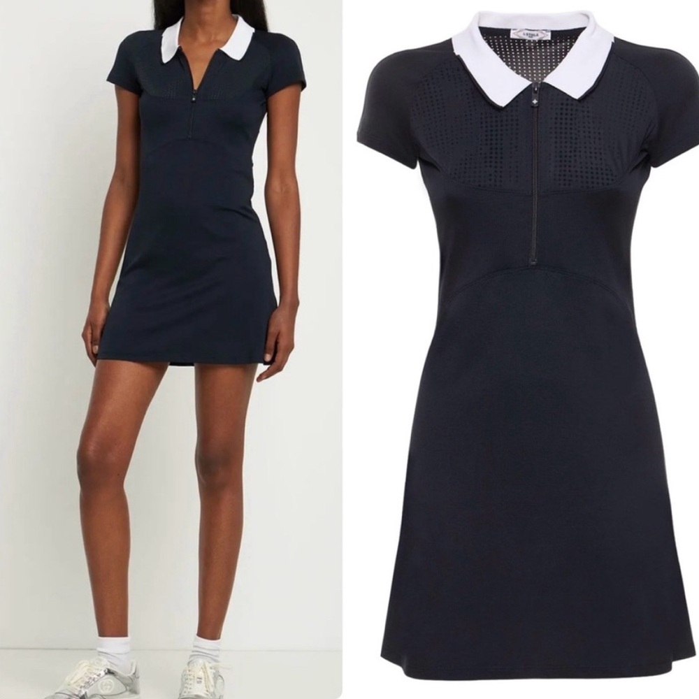 L'Etoile‎ Sport Mesh Zip Performance Minidress in Navy and White.